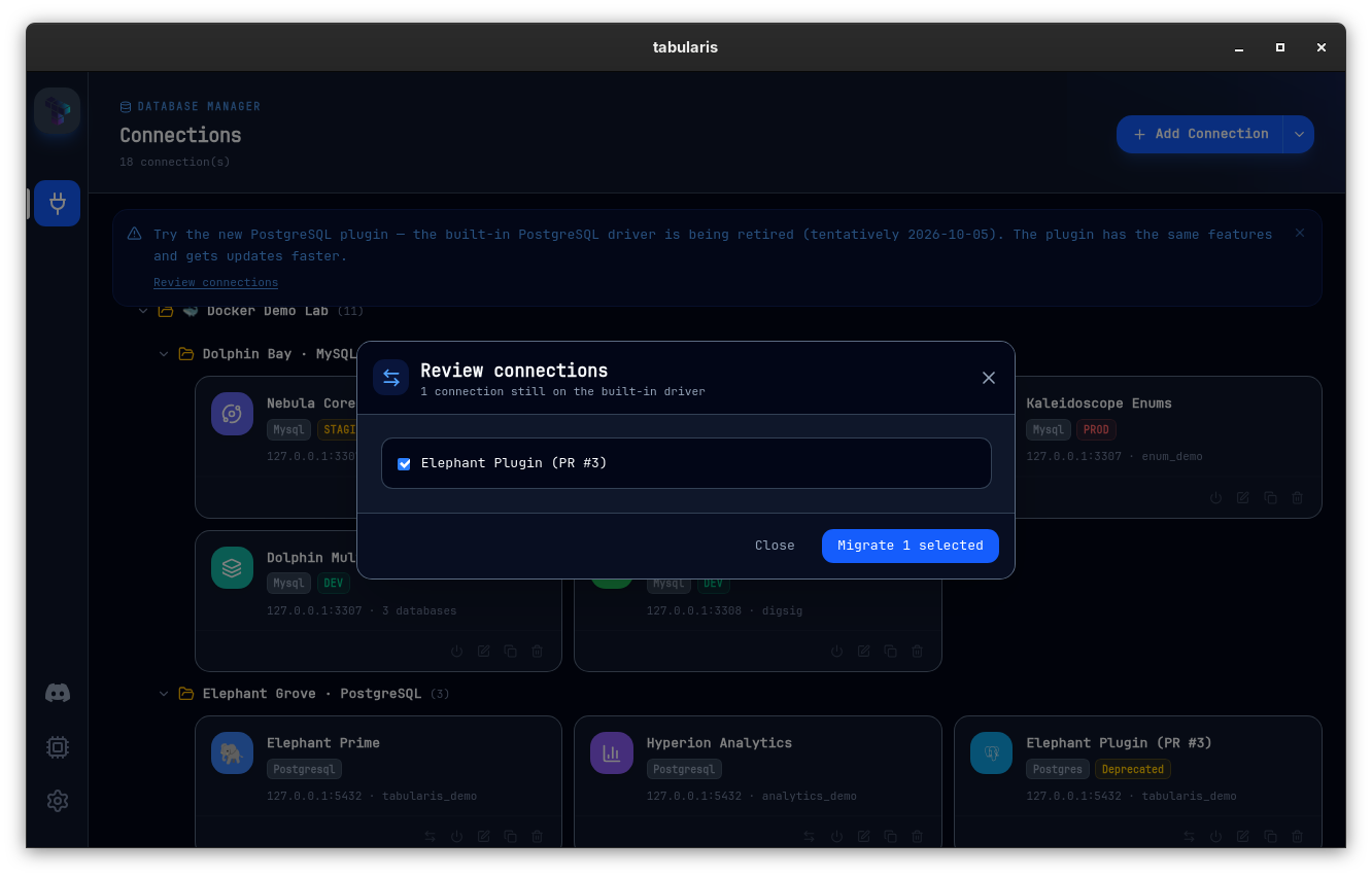 The Review connections modal opened from the banner: it lists the one connection still on the built-in driver as a checked row, with Close and Migrate 1 selected buttons