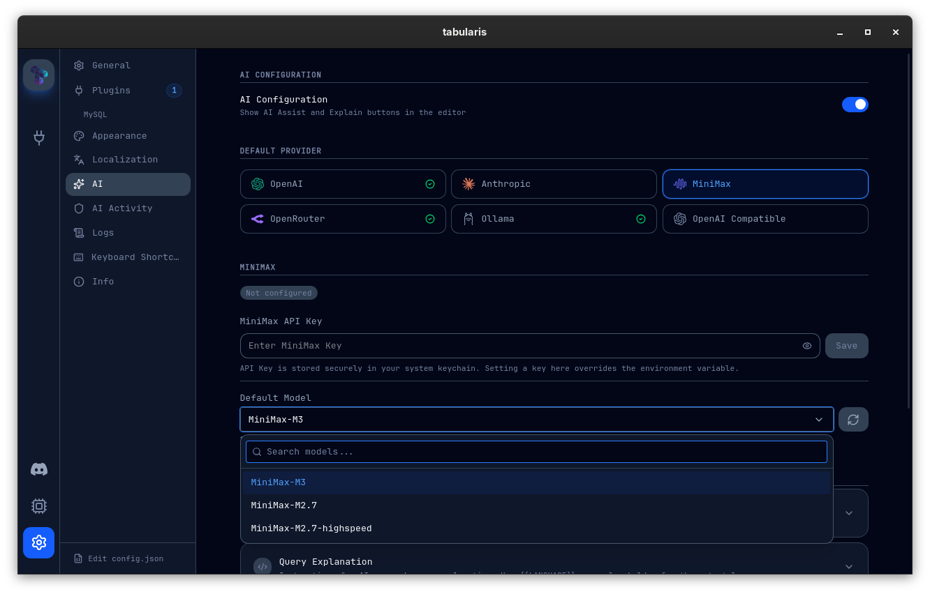 Settings → AI with the MiniMax provider selected and the Default Model dropdown open, showing MiniMax-M3 at the top followed by MiniMax-M2.7 and MiniMax-M2.7-highspeed