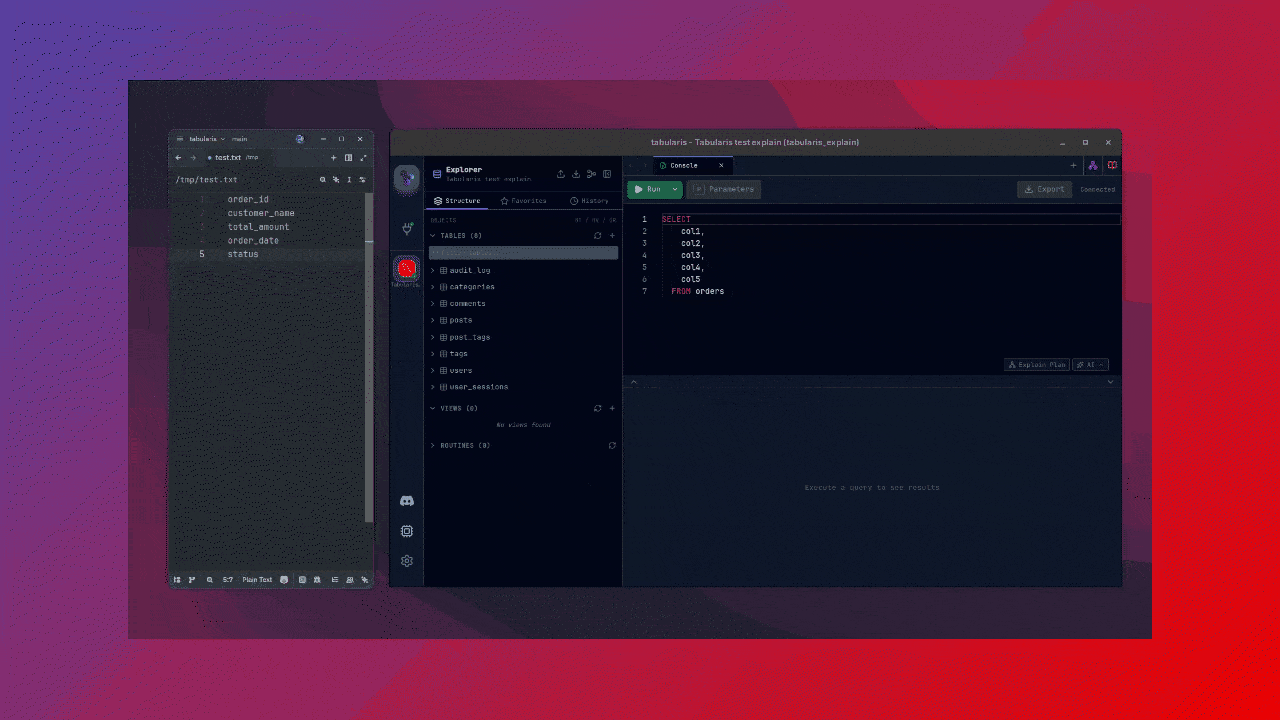 Multi-caret paste in the Tabularis SQL editor distributing clipboard lines across cursors