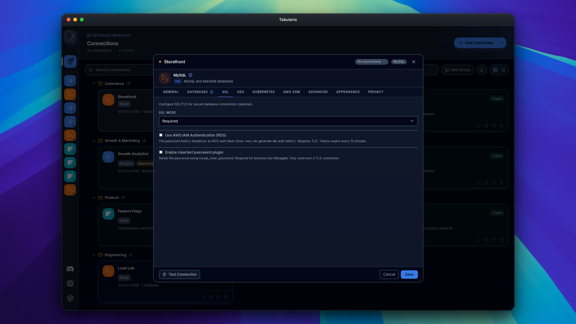 MySQL connection editor on the SSL tab with Required mode and the Use AWS IAM Authentication (RDS) option available