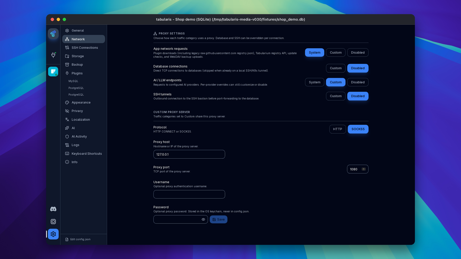 Settings, Network: App network requests on System, Database connections on Disabled, AI on Custom and SSH tunnels on Disabled, with a SOCKS5 custom proxy server at 127.0.0.1:1080