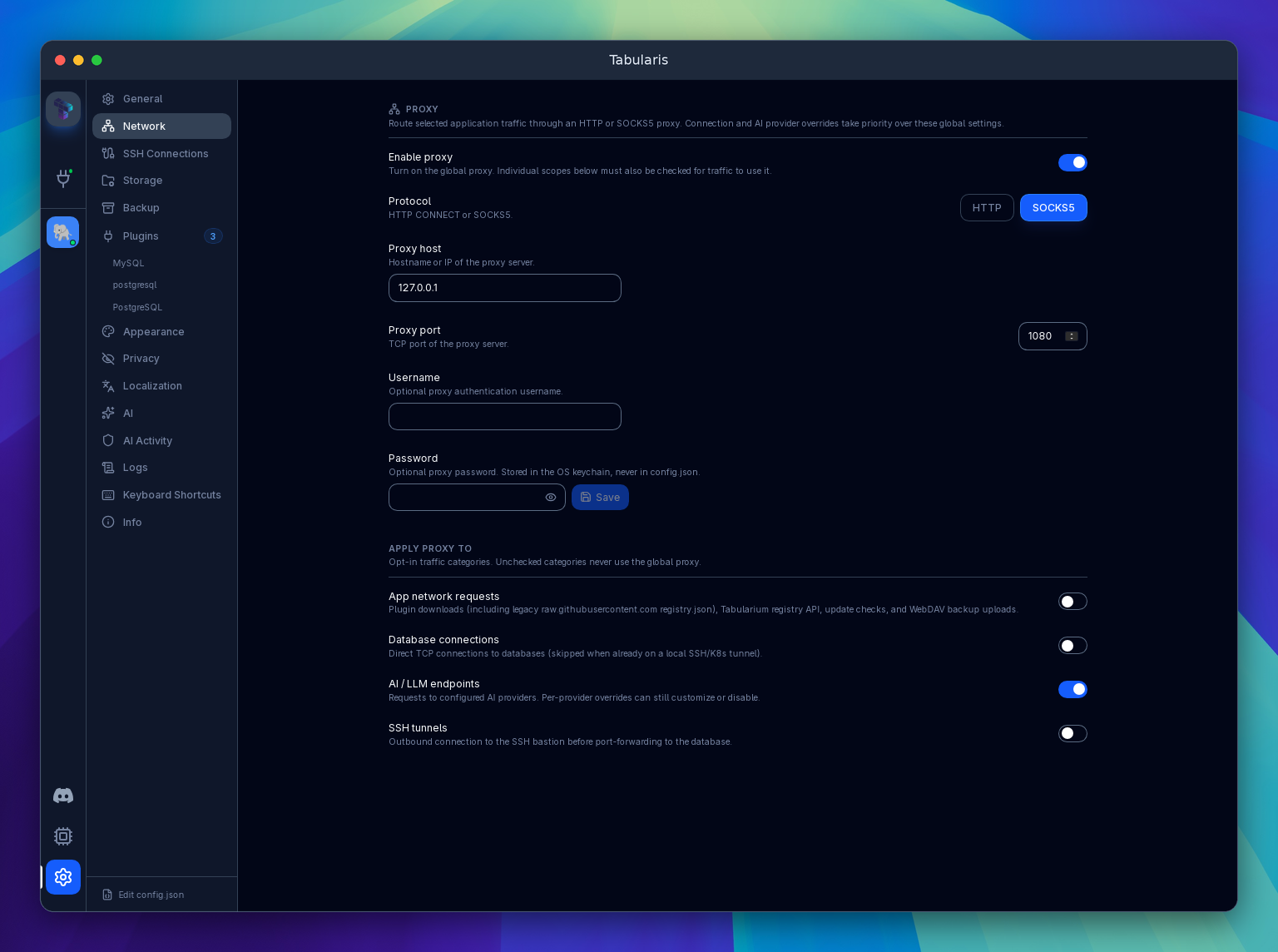 Settings → Network with a SOCKS5 proxy, optional authentication fields and independent traffic-scope toggles