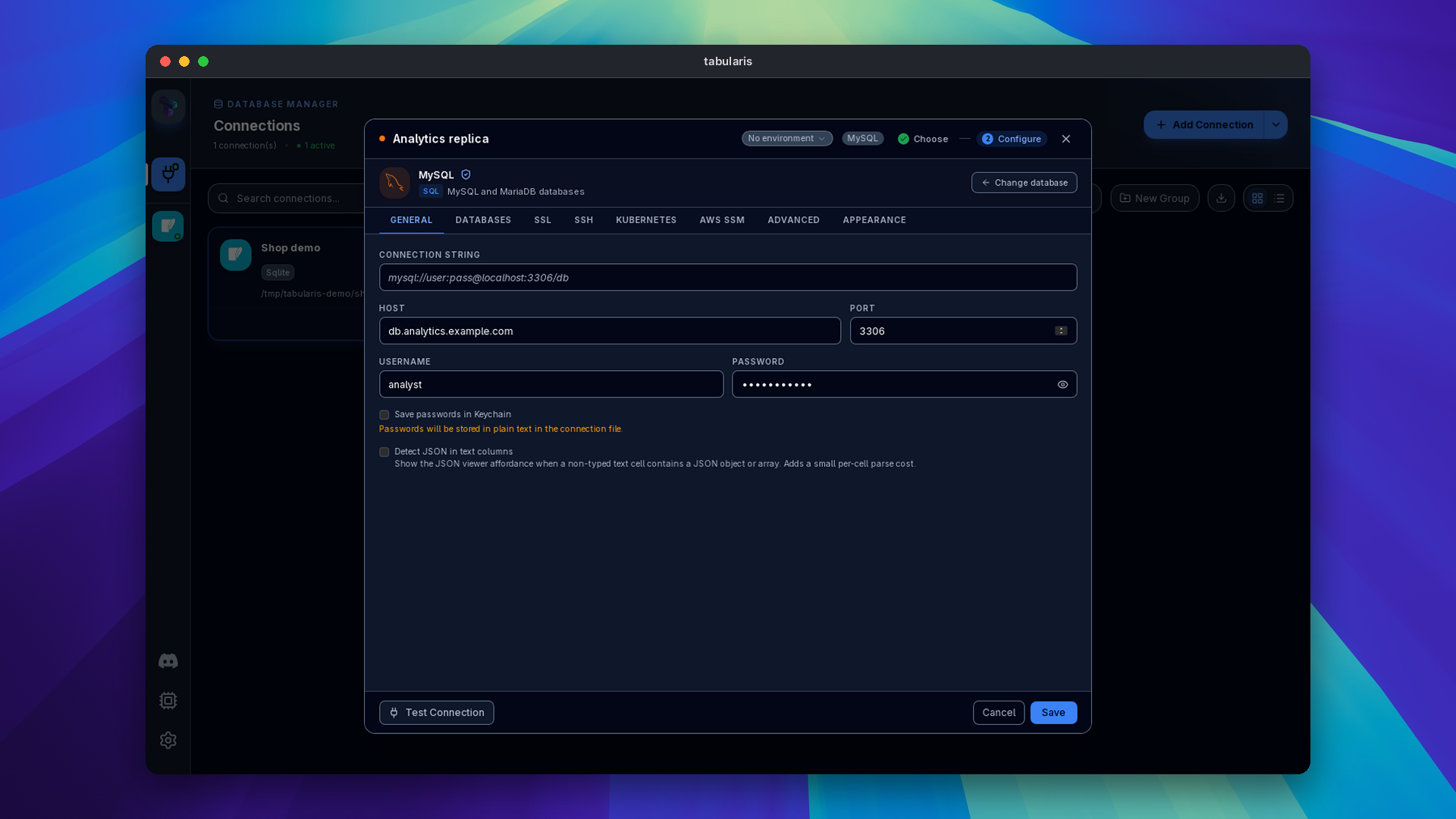 New MySQL connection form with Save passwords in Keychain unticked and the plain-text password warning