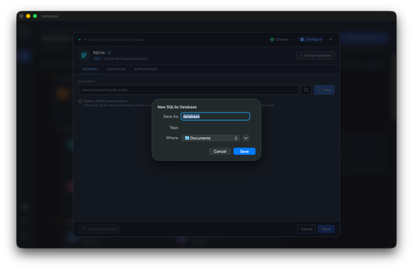 The SQLite connection form with the + New button next to the file path field, and the New SQLite Database save dialog open on top of it