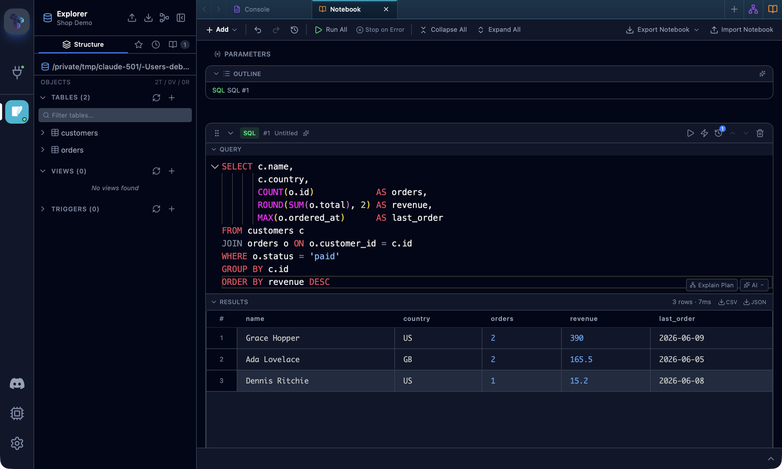A notebook SQL cell whose editor has grown to show a ten-line query in full, with the result grid below it