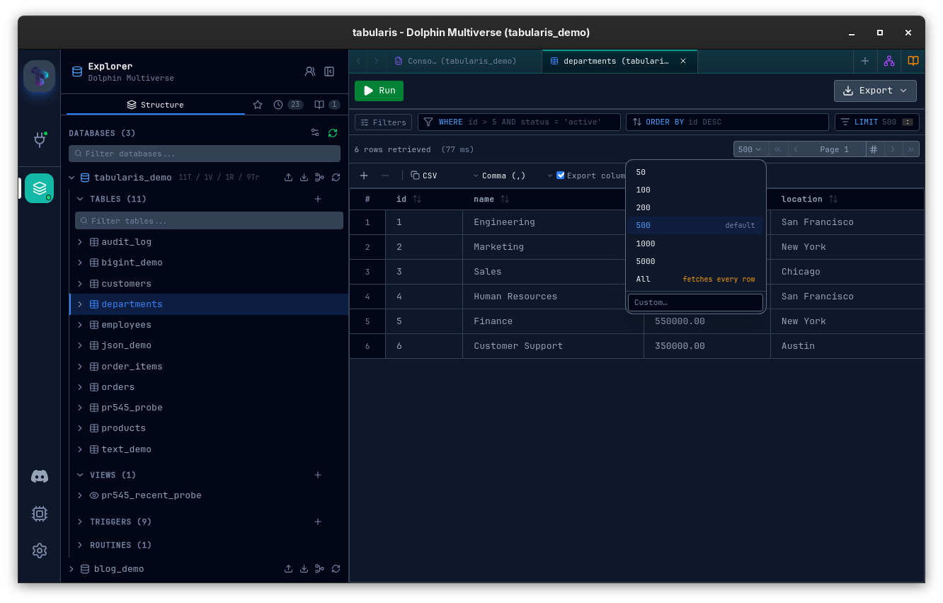 The rows-per-page selector open in the results pagination bar, with presets from 50 to 5000, the global value marked as default, an All option and a Custom input