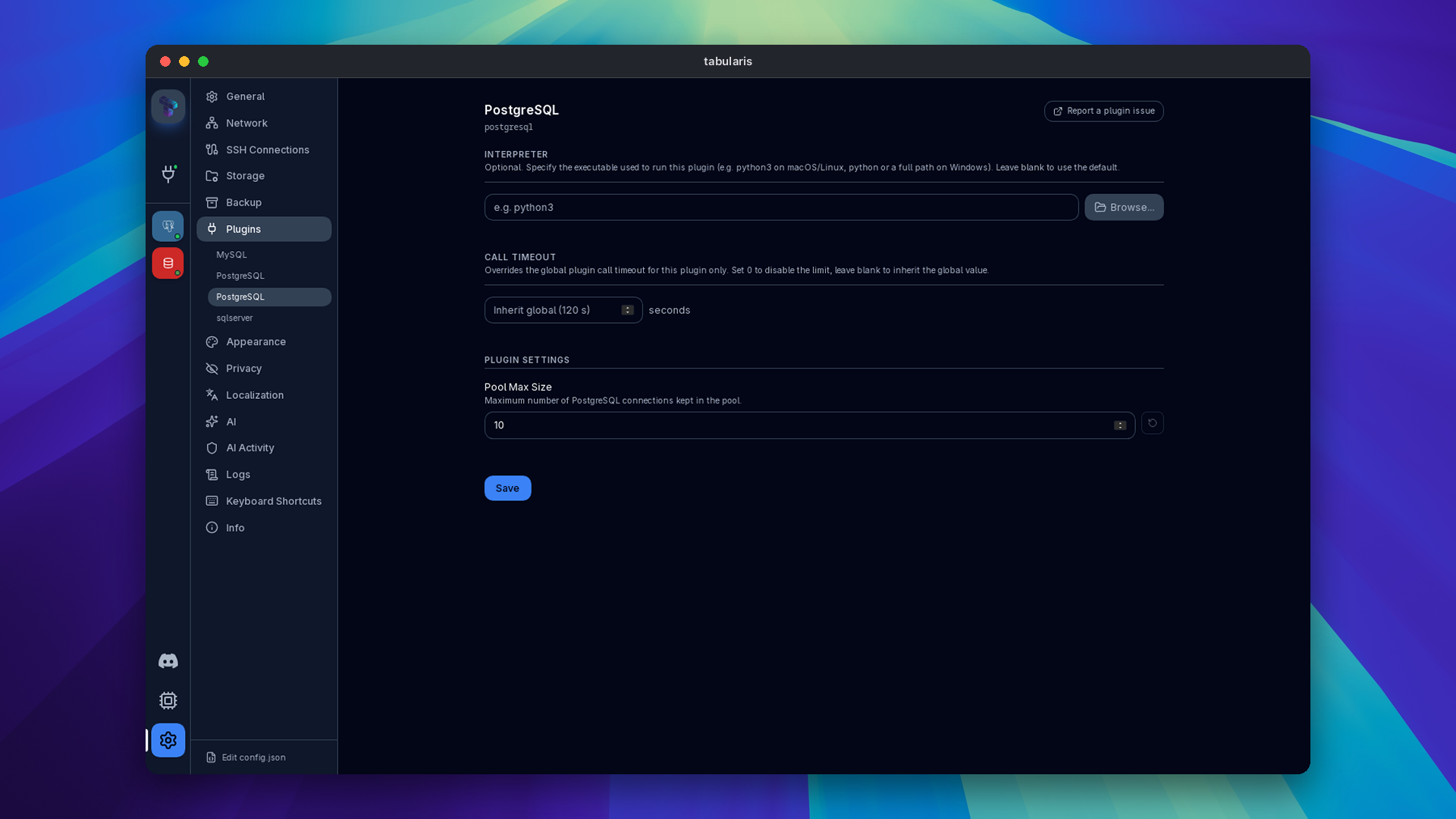 The PostgreSQL plugin settings page with a Call timeout override inheriting the global 120 s