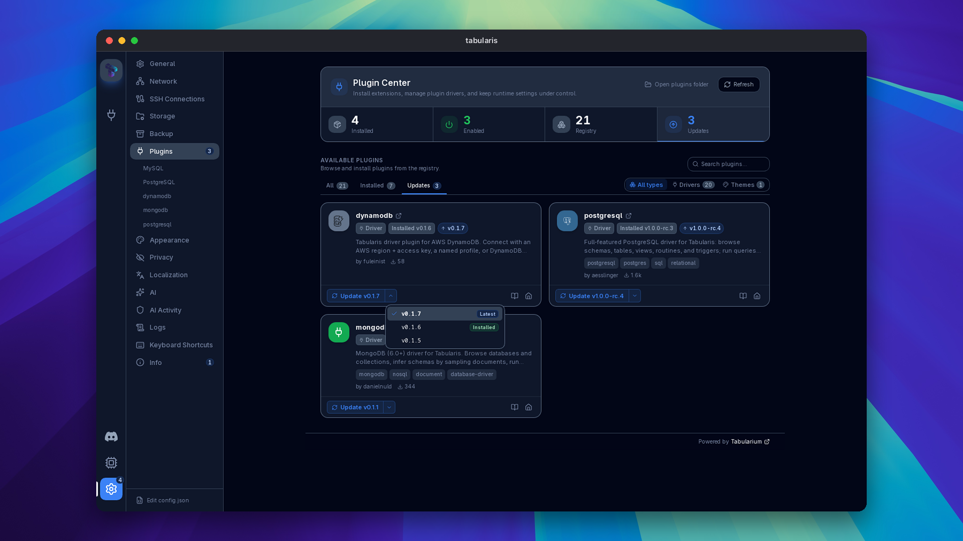 Plugin Center with update metrics and its version selector