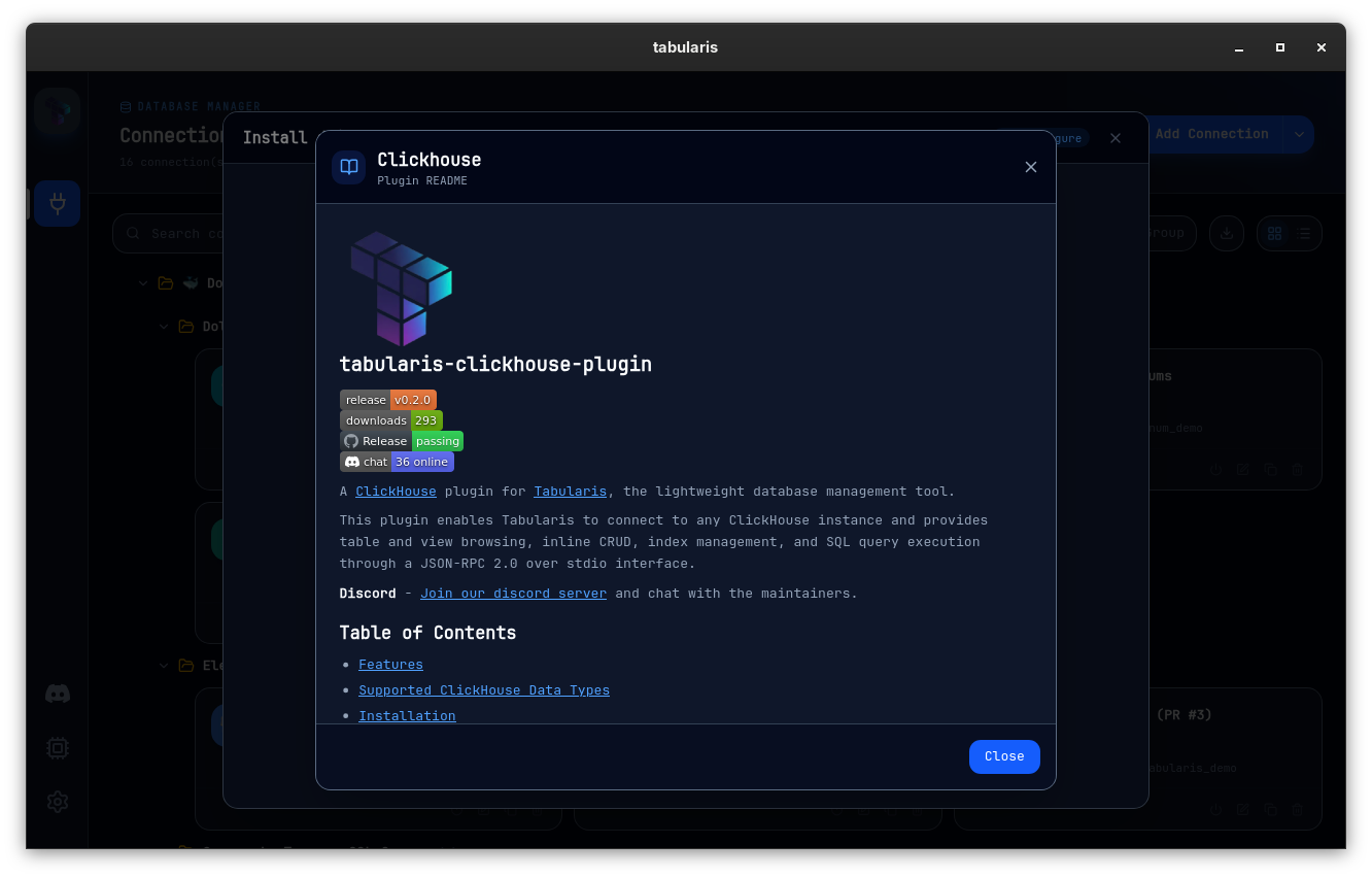 The plugin README modal open over the install gate, showing the ClickHouse plugin's README with release, downloads and CI badges, description and table of contents