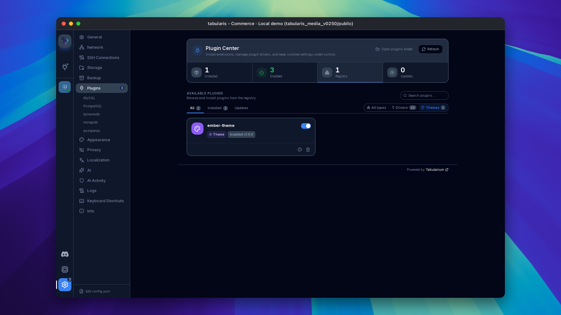 Plugin Center filtered to Themes, showing the locally installed Ember package