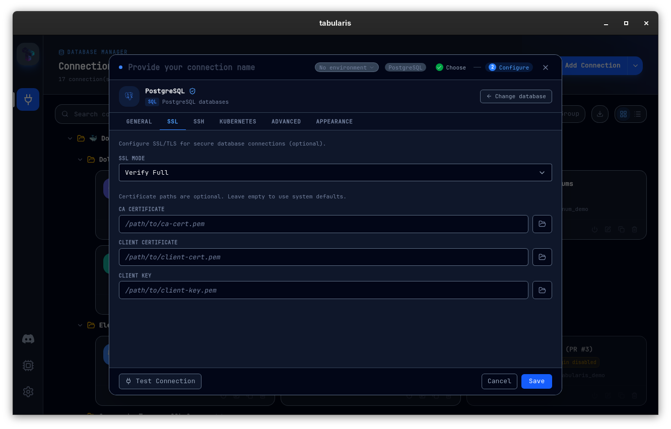 PostgreSQL connection editor, SSL tab: SSL mode Verify Full with CA Certificate, Client Certificate and Client Key path fields