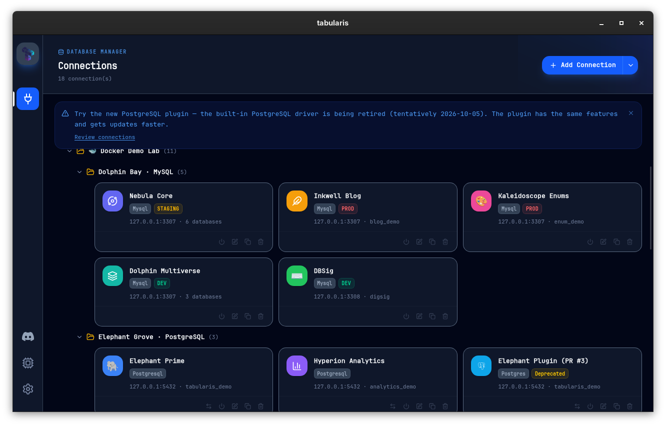 Connections page with the dismissible Try the new PostgreSQL plugin banner announcing the built-in driver retirement (tentatively 2026-10-05) and its Review connections link, above the connection cards, one of which carries the Deprecated badge next to its driver chip