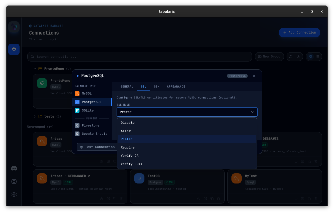 The SSL Mode dropdown in the PostgreSQL connection modal expanded, showing the full progression: disable / allow / prefer / require / verify-ca / verify-full