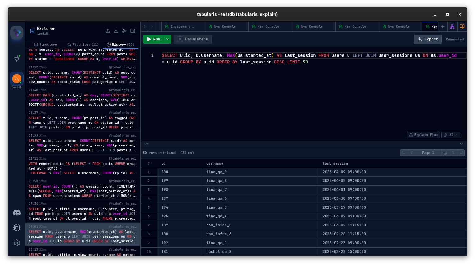 Query History tab in the Explorer sidebar with grouped entries and search