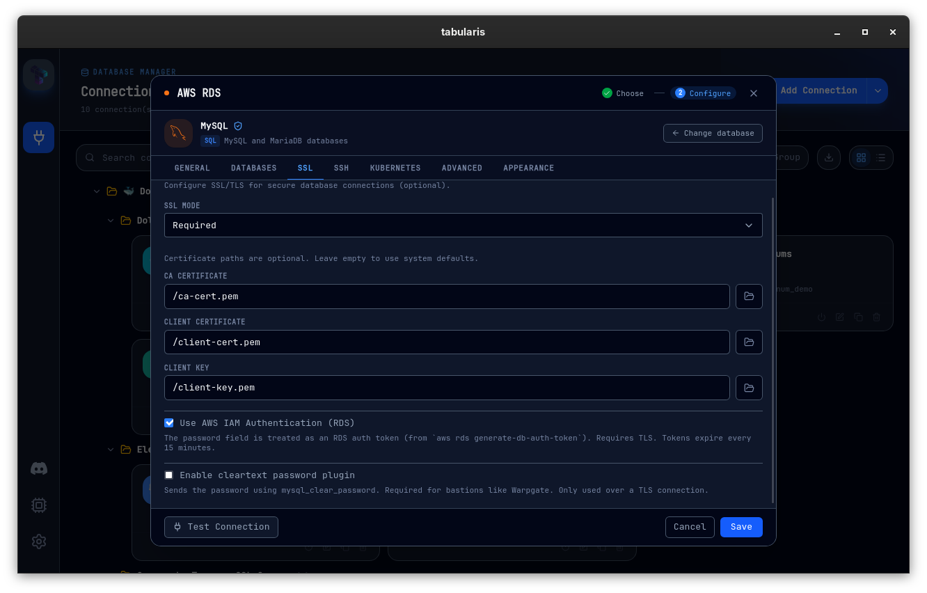 The SSL tab of a MySQL connection with SSL mode Required and the Use AWS IAM Authentication (RDS) checkbox enabled
