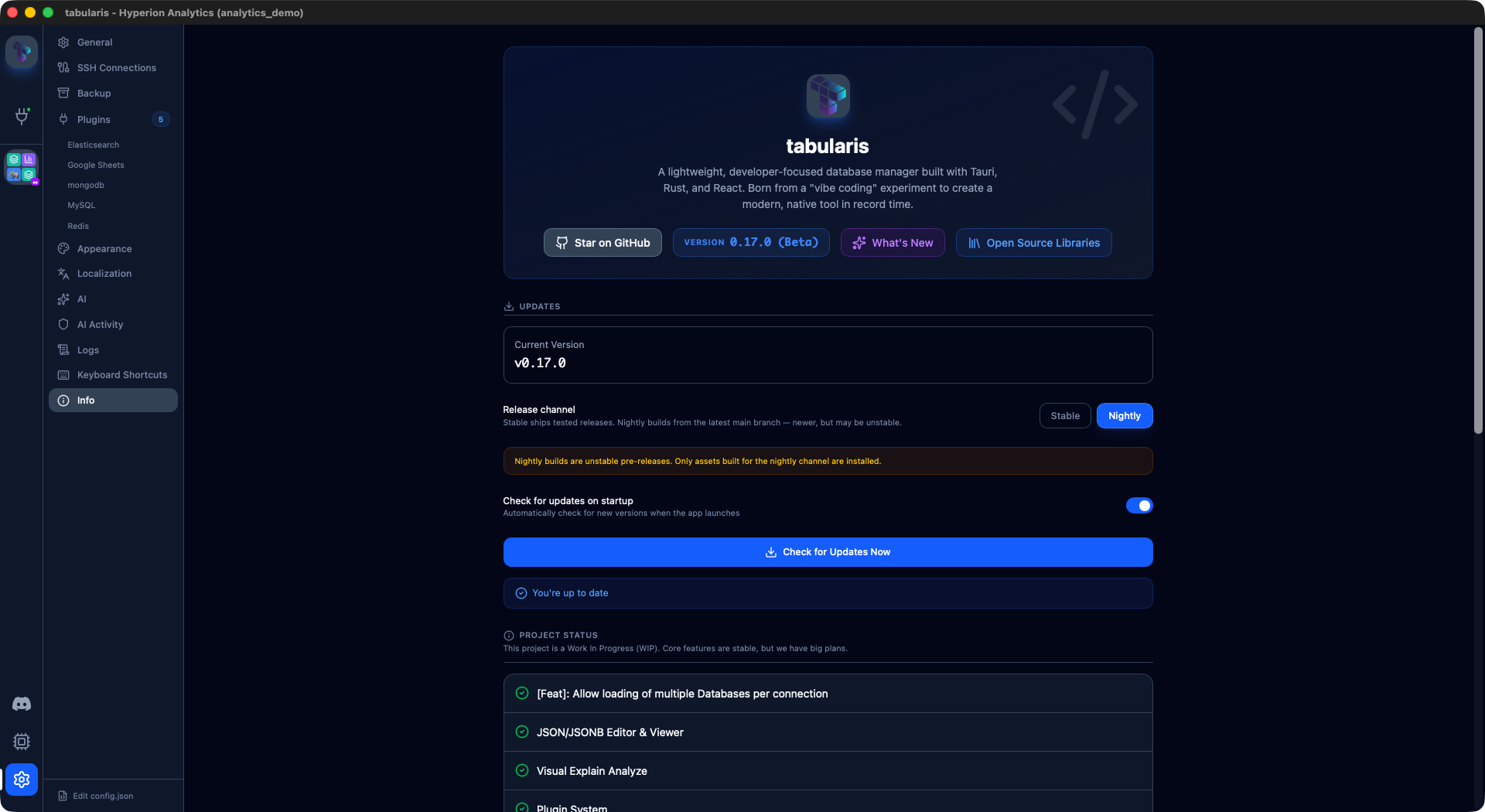 The release channel selector in Settings → Info → Updates, switched to Nightly