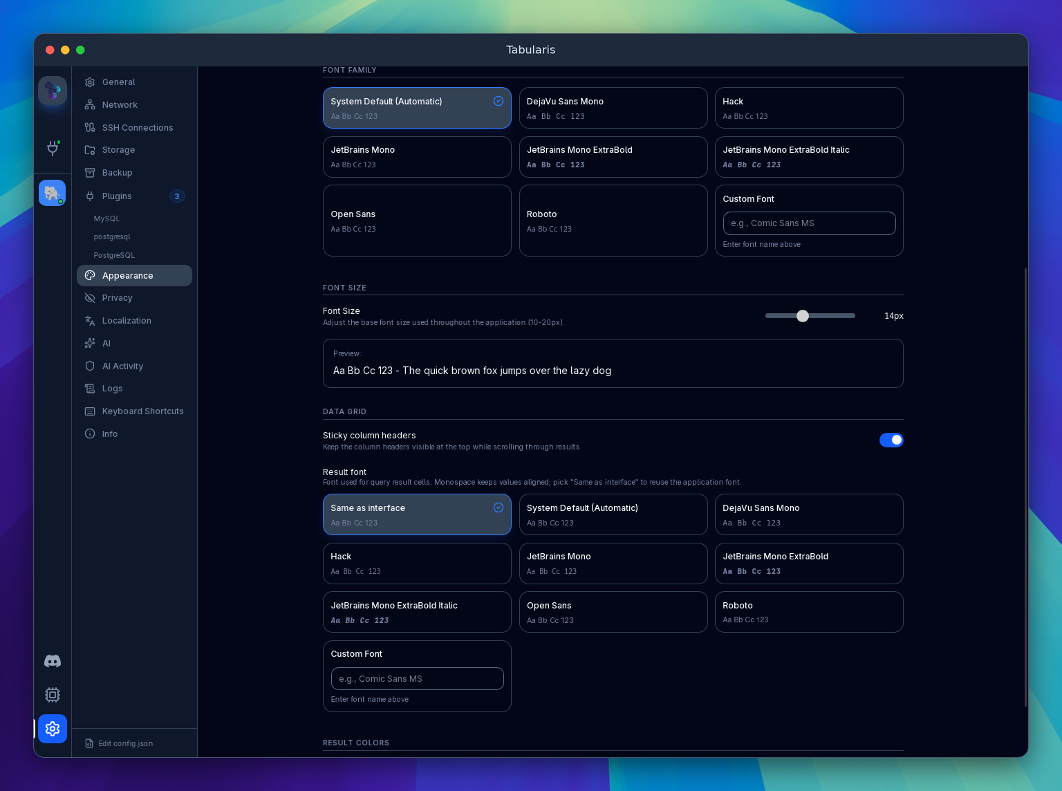 Appearance → Data Grid with Result font set to Same as interface, beside bundled and custom font choices