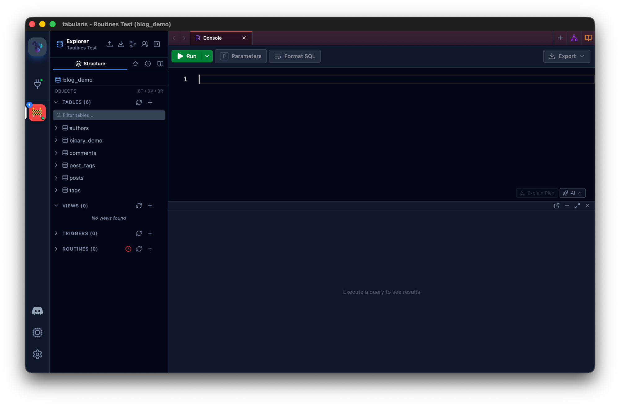The explorer sidebar with tables, views and triggers loaded normally while the Routines section shows a red error indicator, reproduced against a proxy that rejects only the routines metadata query
