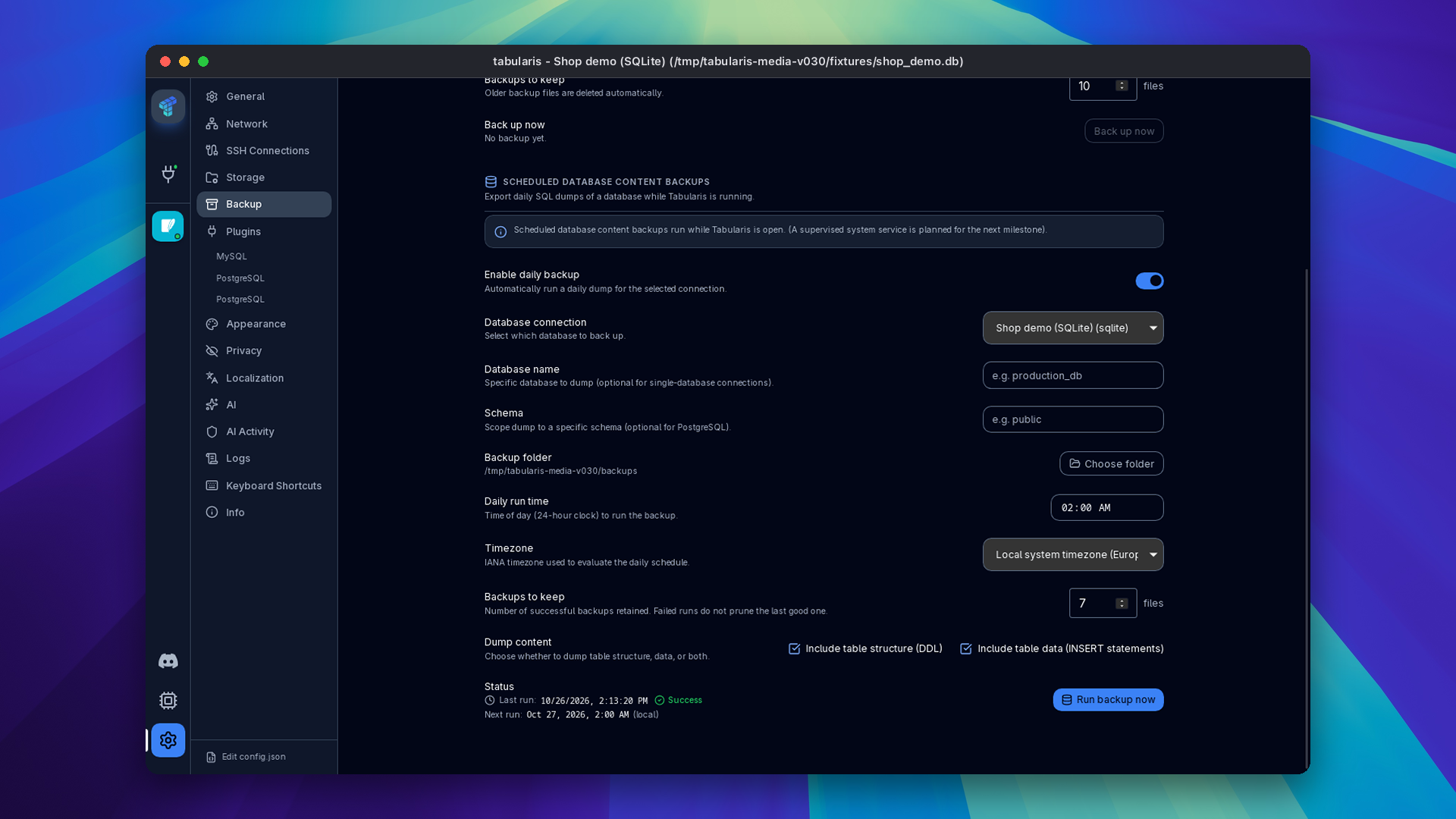 Settings, Backup: the Scheduled Database Content Backups section for a SQLite connection at 02:00 local time, keeping 7 backups of structure and data, with the last run successful and the next one scheduled