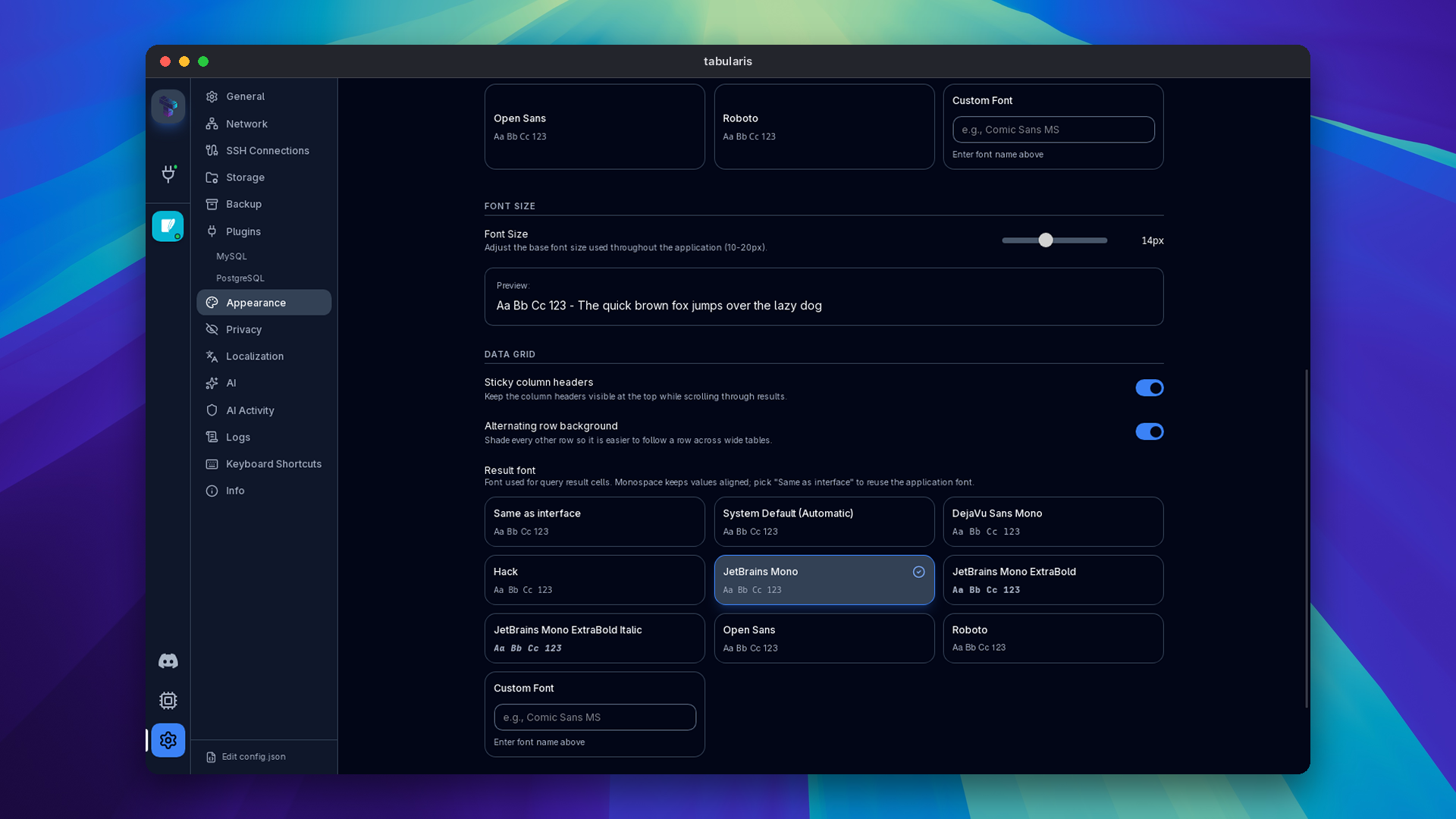Settings, Appearance, Data Grid with Sticky column headers and Alternating row background both turned on