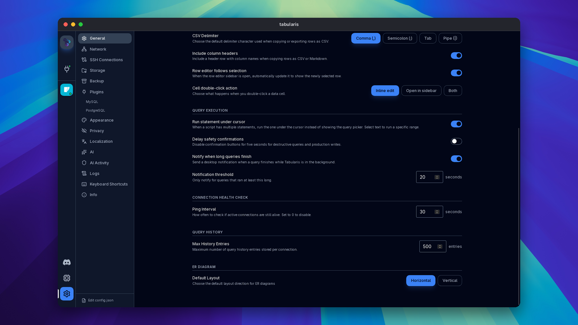 Settings, General, Query execution: Notify when long queries finish with a 20-second threshold