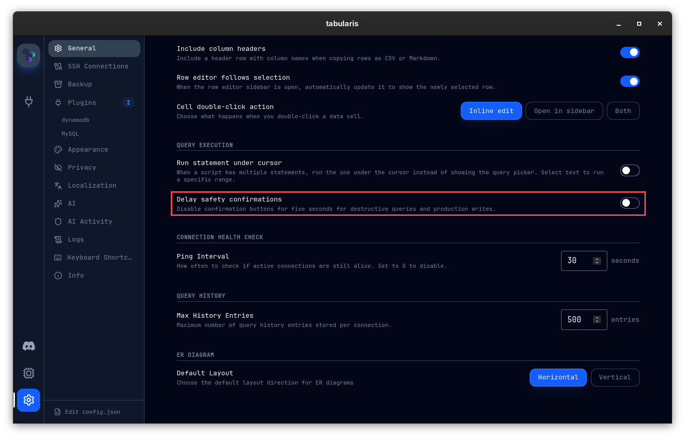 Settings → General with the new Delay safety confirmations toggle highlighted, off by default