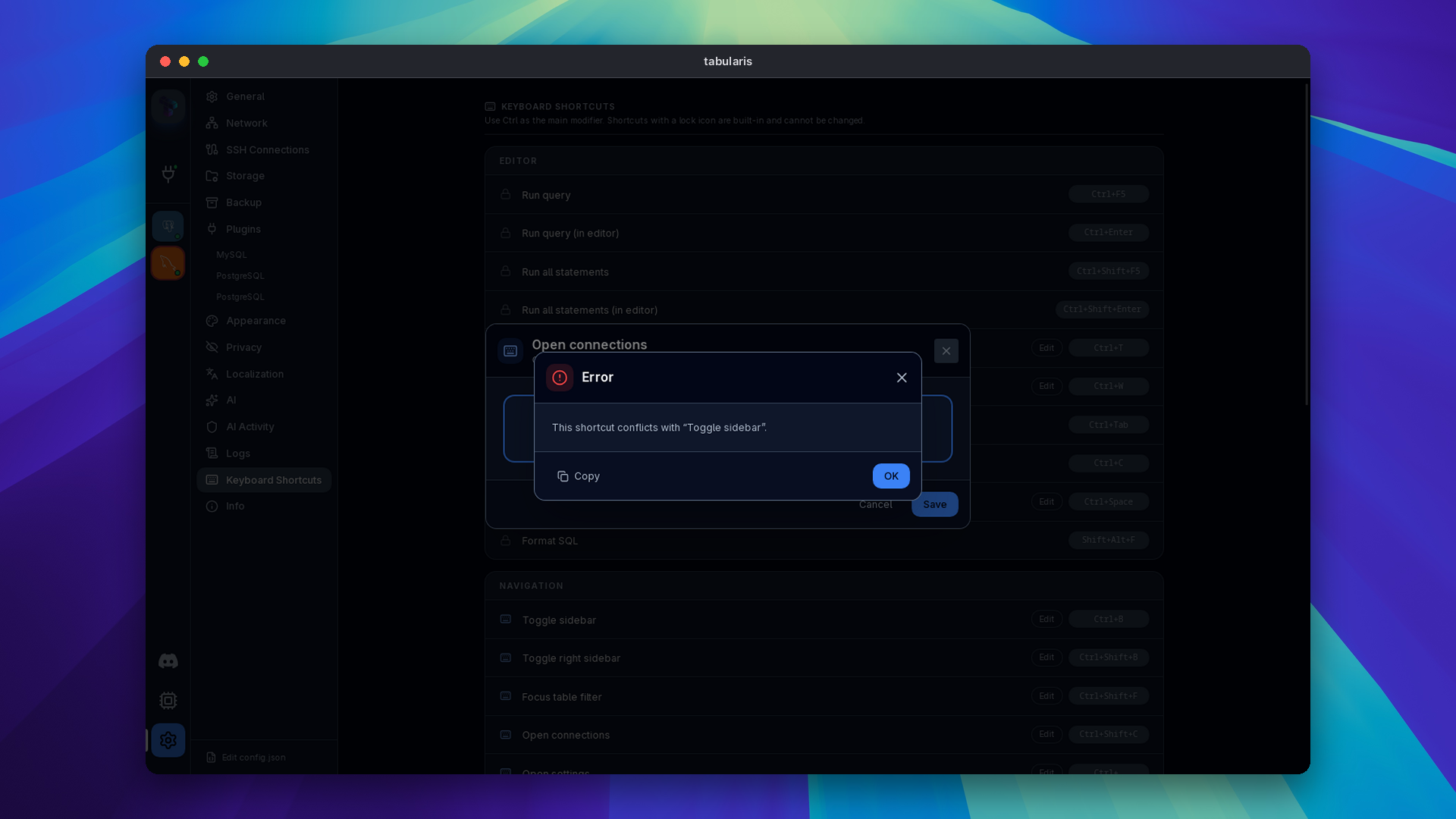 The shortcut editor reporting a conflict with an existing binding