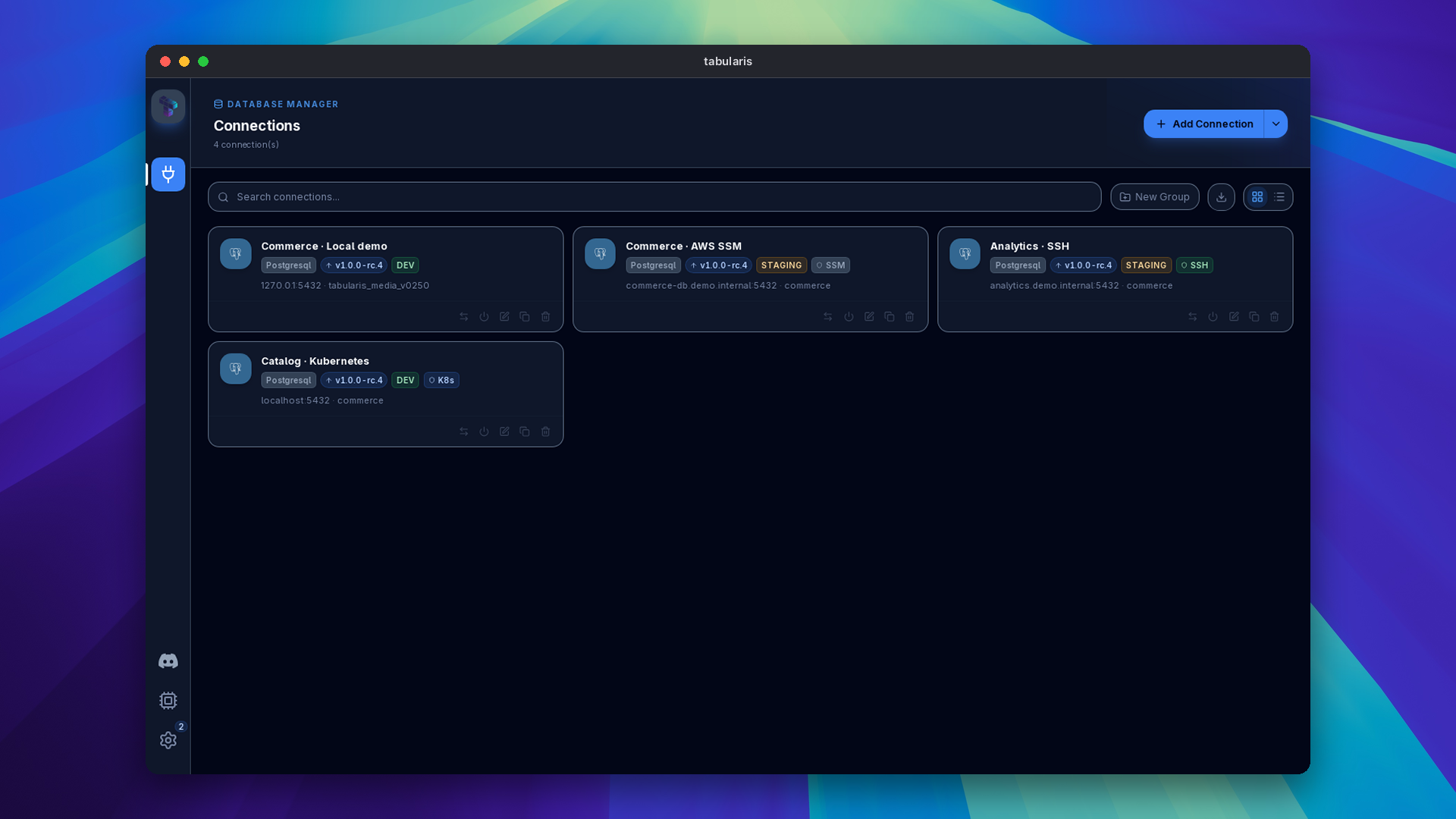 Connection cards showing SSM, SSH and Kubernetes tunnel indicators