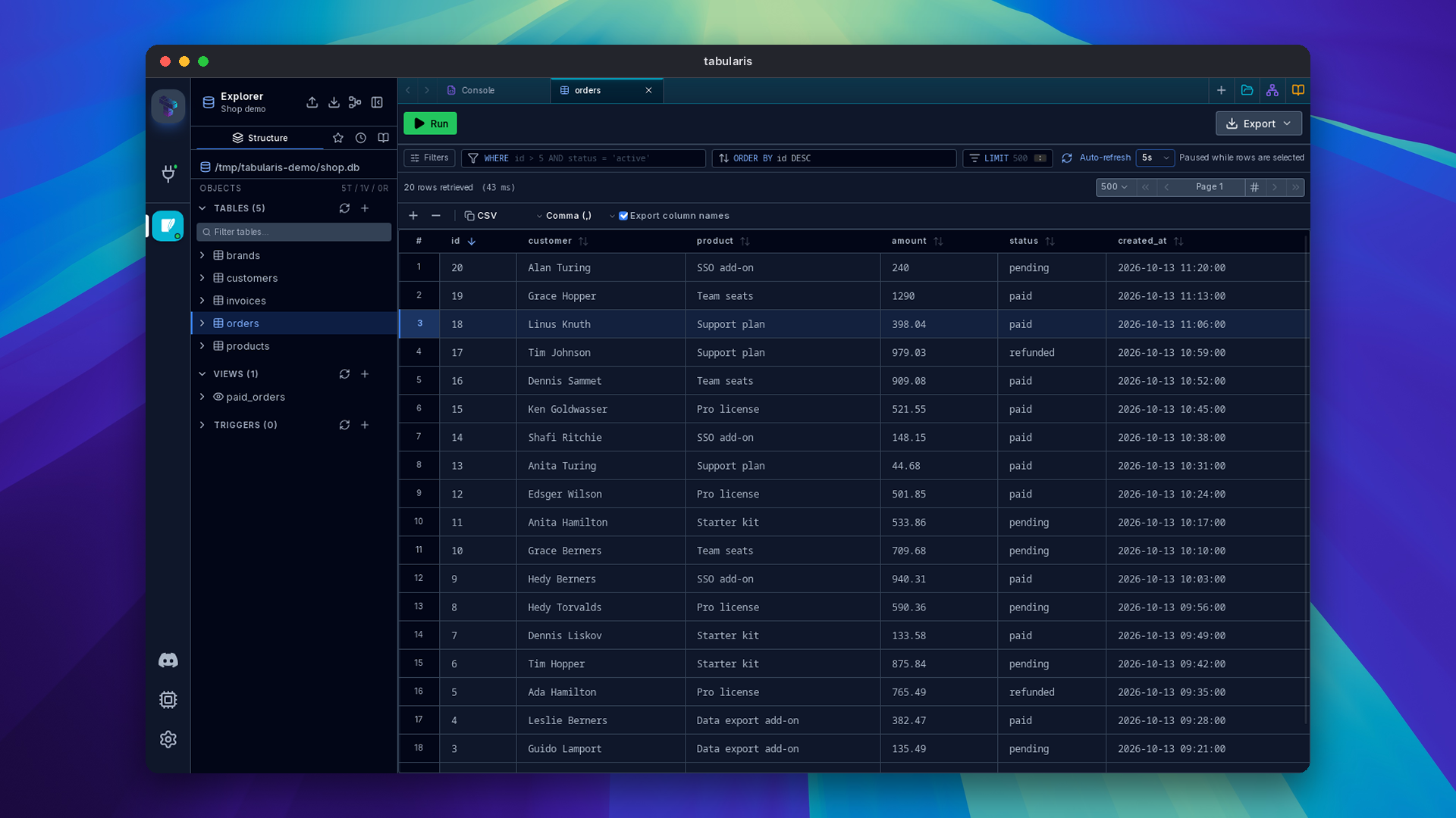 Table toolbar with auto-refresh set to 5s and the Paused while rows are selected status