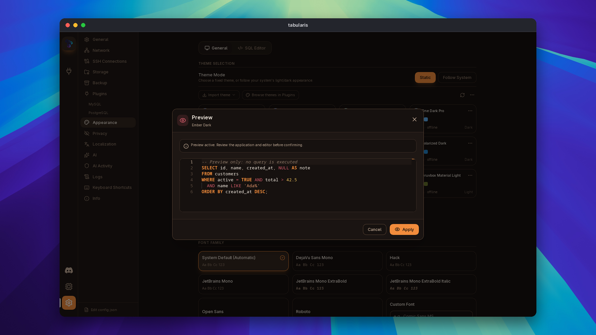 Previewing an installed Ember theme with a read-only SQL sample