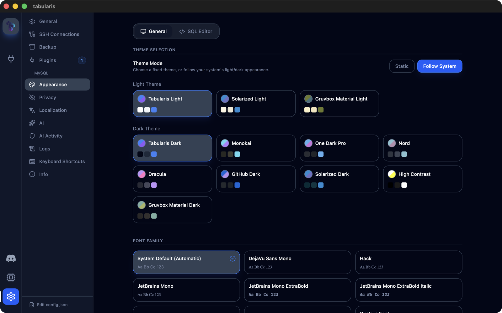 Settings → Appearance with the Theme Mode switch set to Follow System and separate Light Theme and Dark Theme pickers