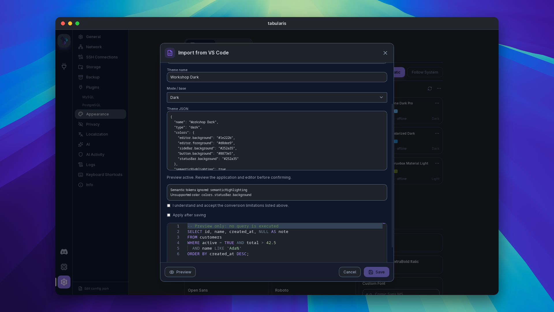 Importing a VS Code theme with mode selection and conversion diagnostics