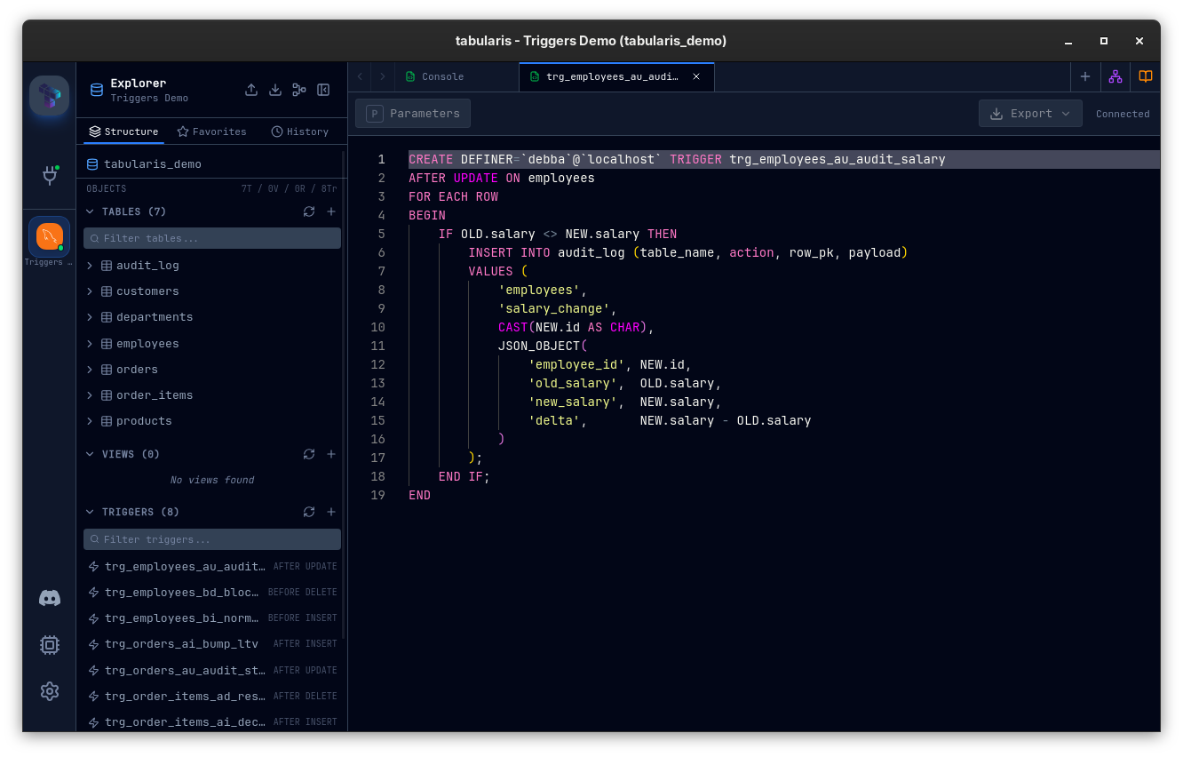 Triggers accordion in the Tabularis Explorer sidebar listing eight MySQL triggers with BEFORE / AFTER and INSERT / UPDATE / DELETE badges, alongside a read-only View Definition tab on the right