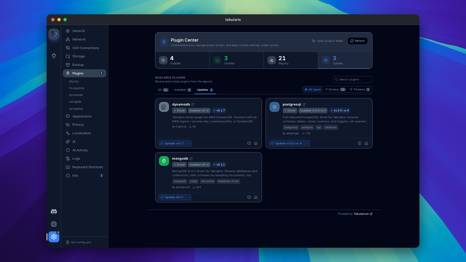 One core update and three plugin updates counted in the rail and Settings navigation