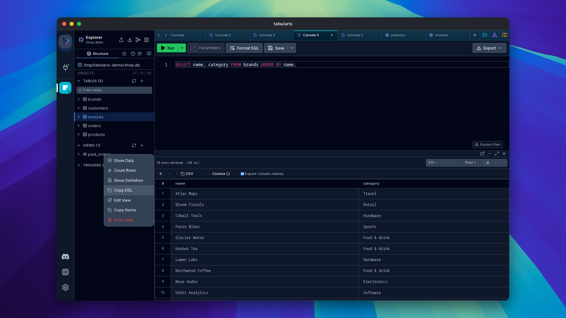 Right-click menu on a view in the explorer with Show Definition and Copy DDL