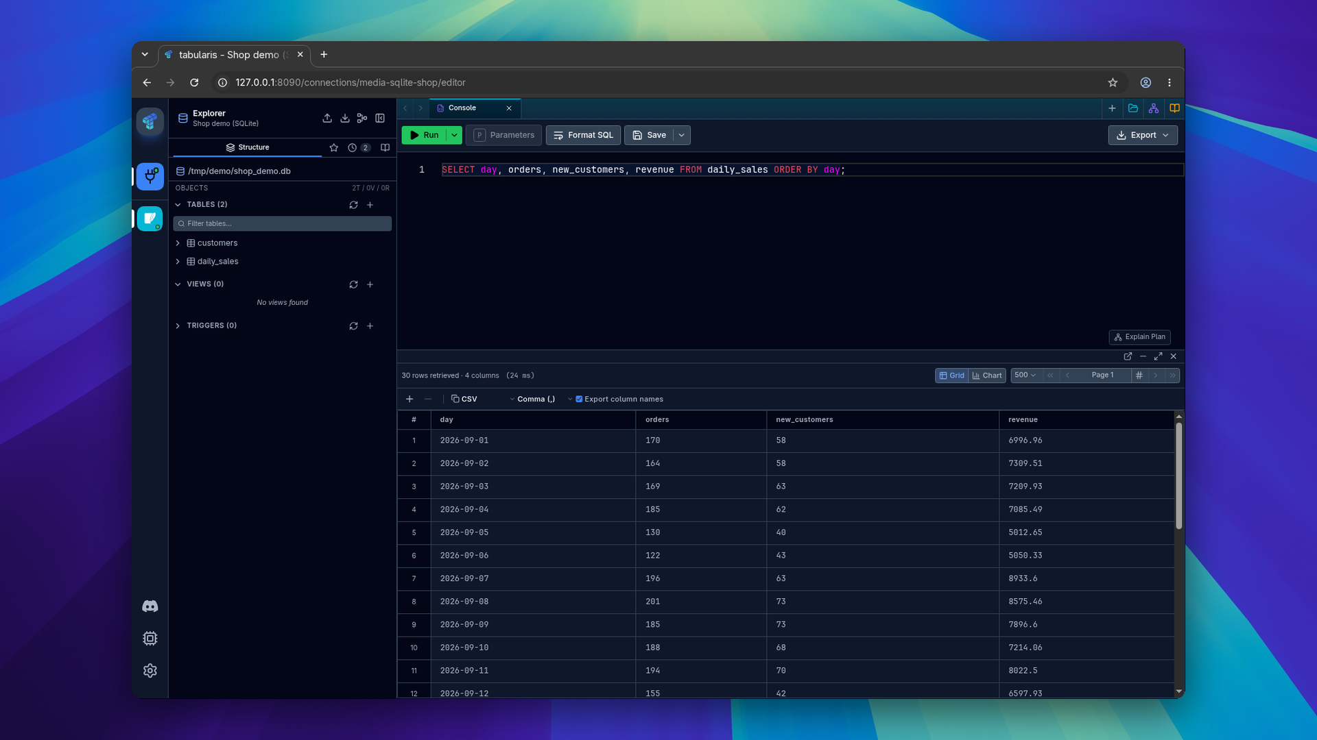 Tabularis Web in Google Chrome: the explorer of a SQLite connection and a query on daily_sales with its result in the grid