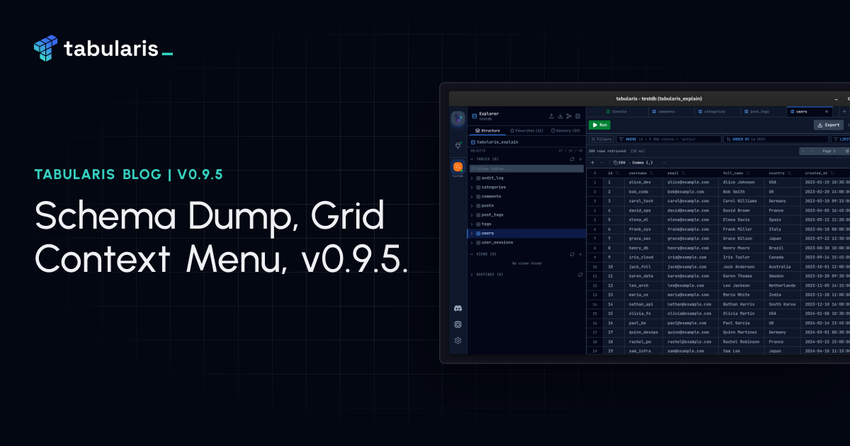 Schema Dump, Grid Context Menu, and Stability Fixes: v0.9.5