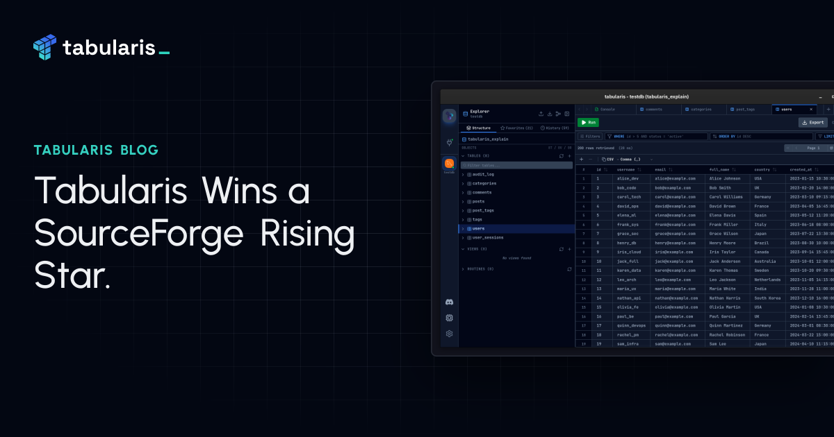 Tabularis Wins a SourceForge Rising Star Award