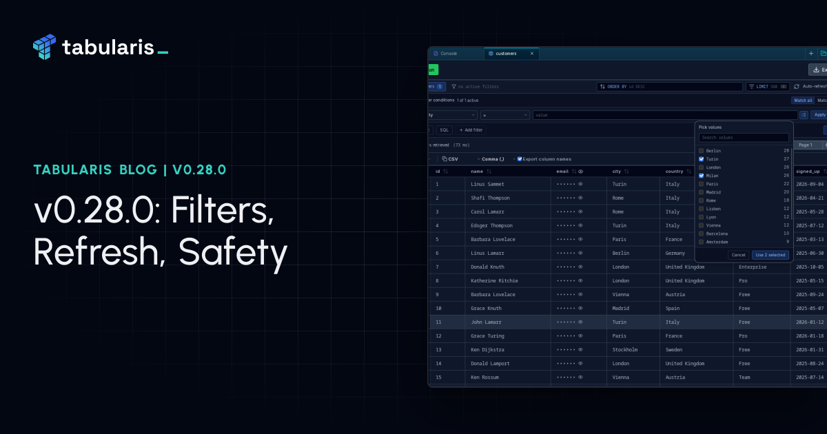 v0.28.0: A Filter Panel You Can Click Through, Tables That Refresh Themselves, and a Read-Only MCP the Database Enforces