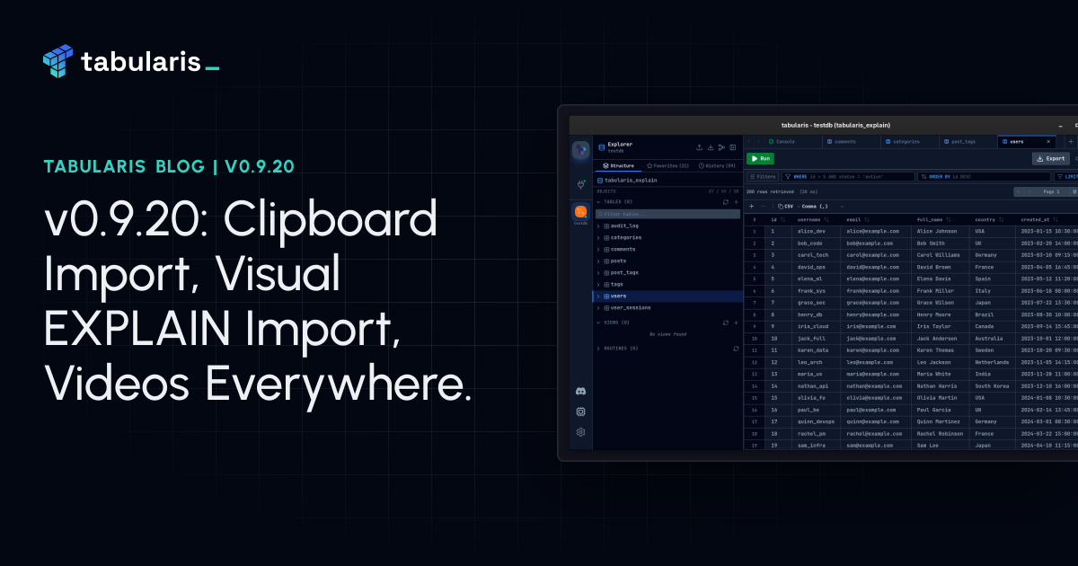 v0.9.20: Clipboard Import, Visual EXPLAIN Import, and a Community Look & Feel